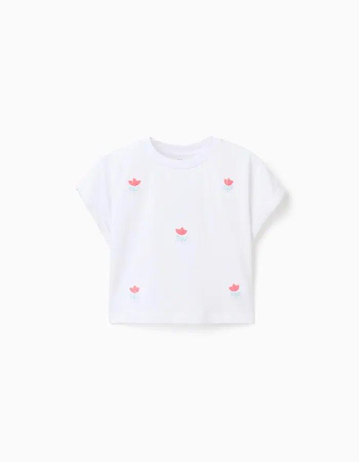 Cropped cotton T-shirt with sequinned flowers for girls, white