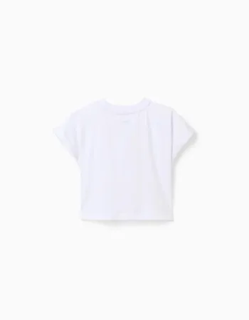 Cropped cotton T-shirt with sequinned flowers for girls, white