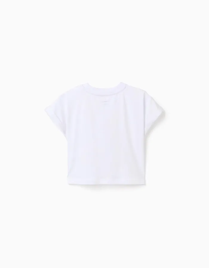 Cropped cotton T-shirt with sequinned flowers for girls, white