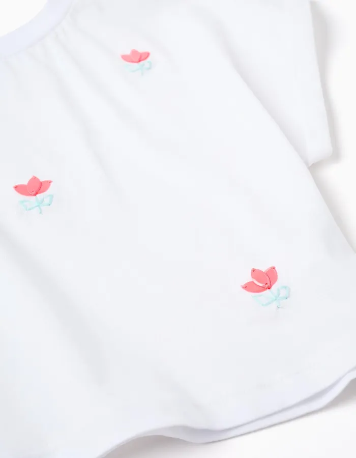 Cropped cotton T-shirt with sequinned flowers for girls, white