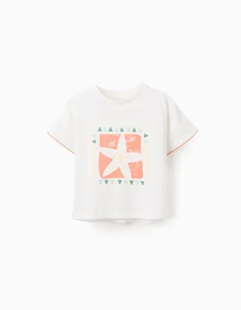 Cotton starfish T-shirt for girls, white/orange/green