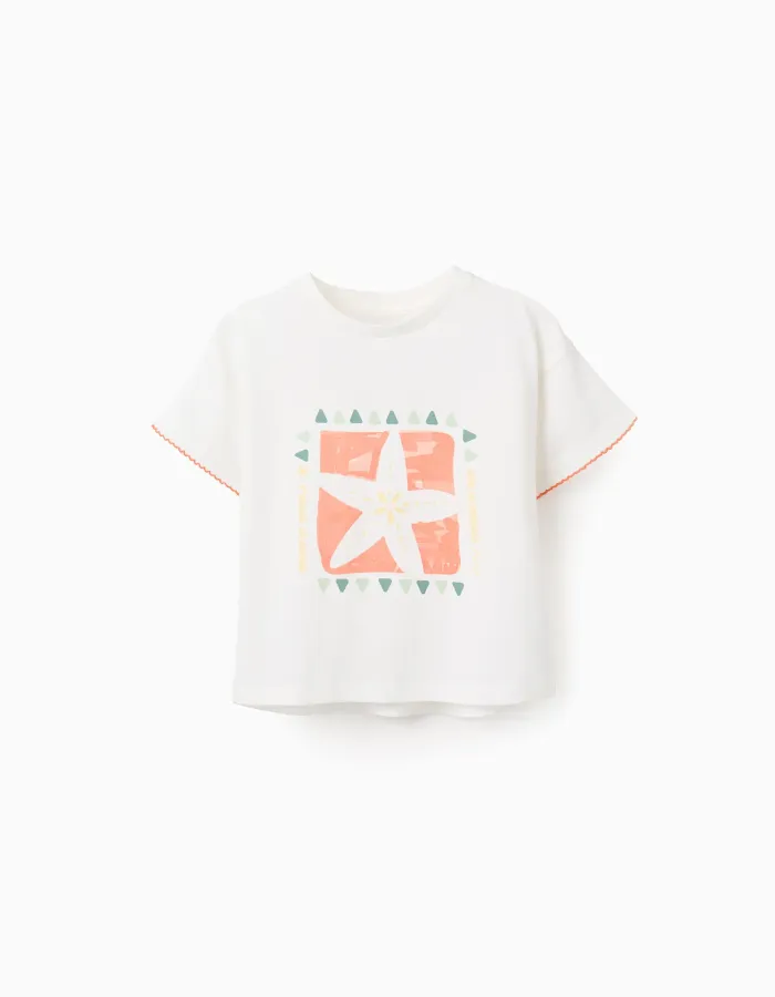 Cotton starfish T-shirt for girls, white/orange/green
