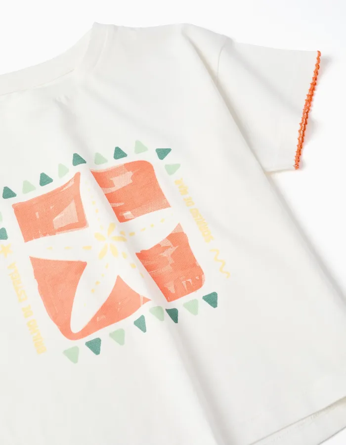 Cotton starfish T-shirt for girls, white/orange/green