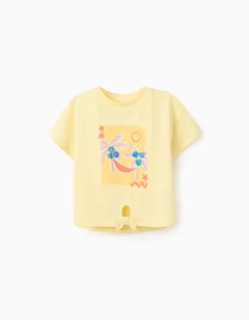Cotton T-shirt with palm trees print and sequins for girls, yellow