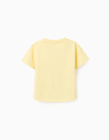 Cotton T-shirt with palm trees print and sequins for girls, yellow