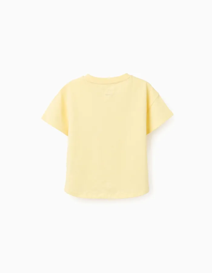 Cotton T-shirt with palm trees print and sequins for girls, yellow