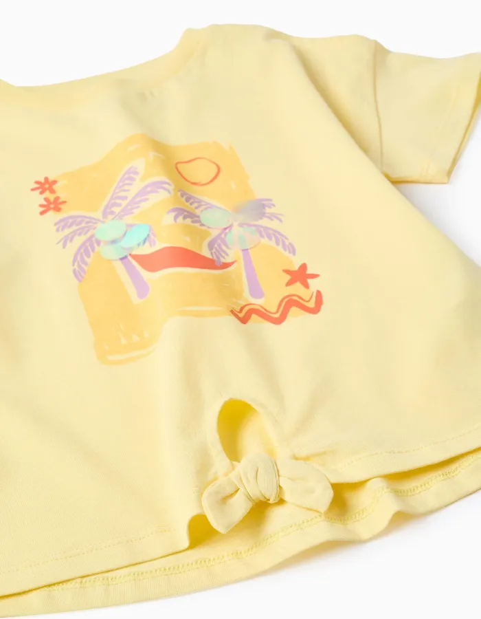 Cotton T-shirt with palm trees print and sequins for girls, yellow