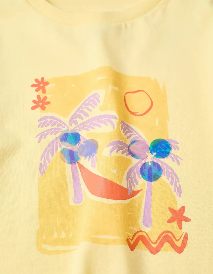 Cotton T-shirt with palm trees print and sequins for girls, yellow