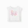 Cotton T-shirt with flower print and fringes for girls, white