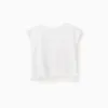 Cotton T-shirt with flower print and fringes for girls, white