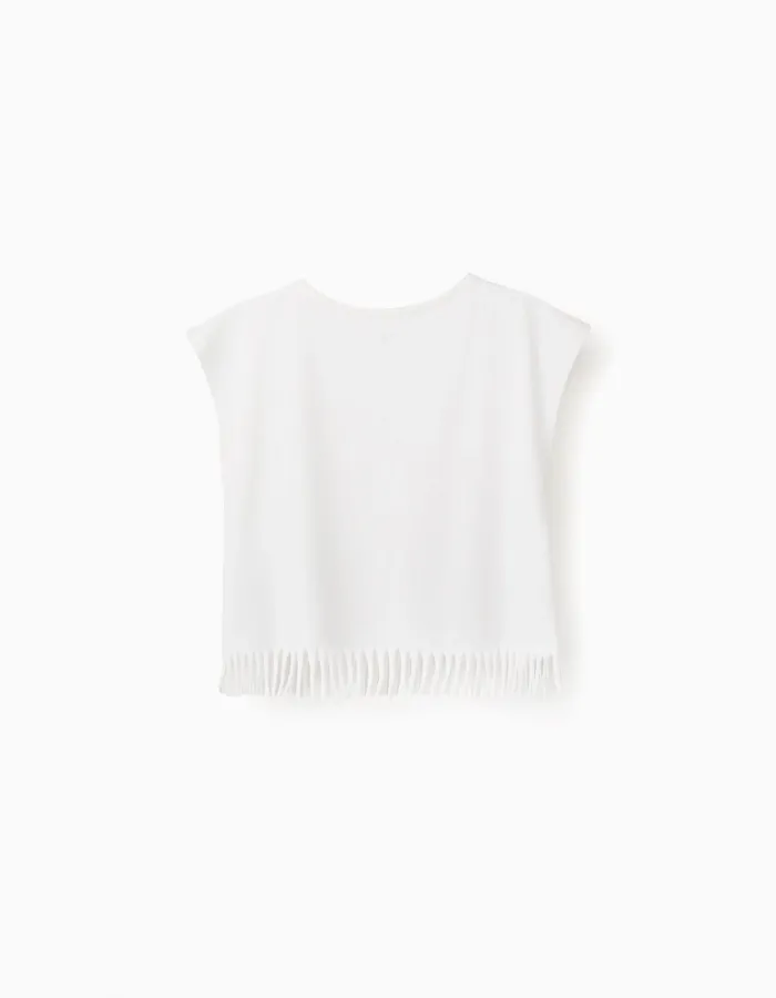 Cotton T-shirt with flower print and fringes for girls, white