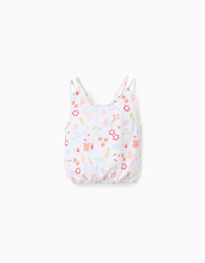 Sleeveless cropped cotton top with beach motif for girls, white