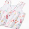 Sleeveless cropped cotton top with beach motif for girls, white