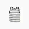 Sleeveless ribbed cotton top with stripes for girls, white/dark blue