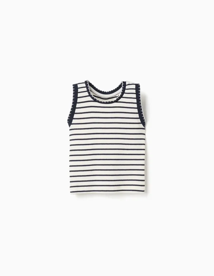 Sleeveless ribbed cotton top with stripes for girls, white/dark blue