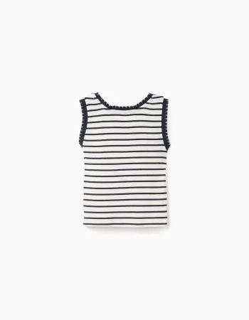 Sleeveless ribbed cotton top with stripes for girls, white/dark blue