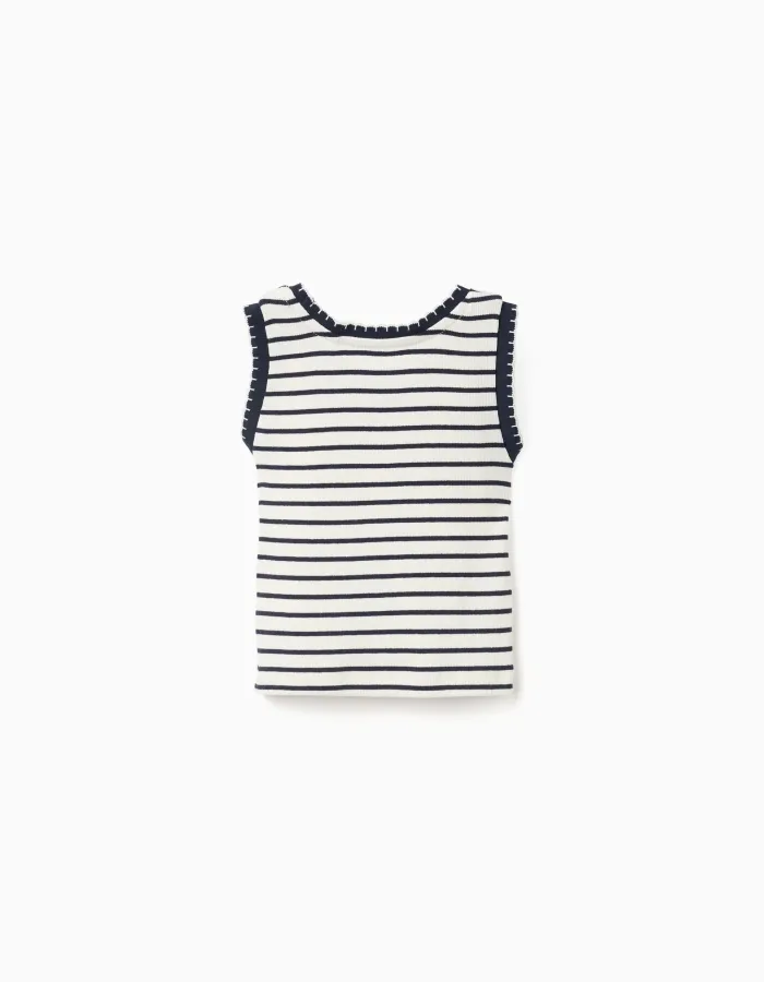 Sleeveless ribbed cotton top with stripes for girls, white/dark blue