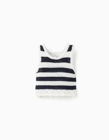 Sleeveless cotton knitted top with stripes for girls, white/dark blue
