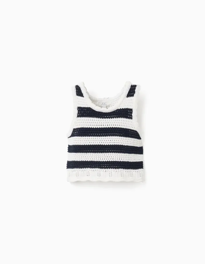 Sleeveless cotton knitted top with stripes for girls, white/dark blue