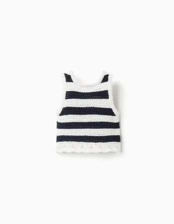 Sleeveless cotton knitted top with stripes for girls, white/dark blue