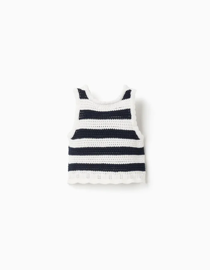 Sleeveless cotton knitted top with stripes for girls, white/dark blue