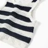 Sleeveless cotton knitted top with stripes for girls, white/dark blue
