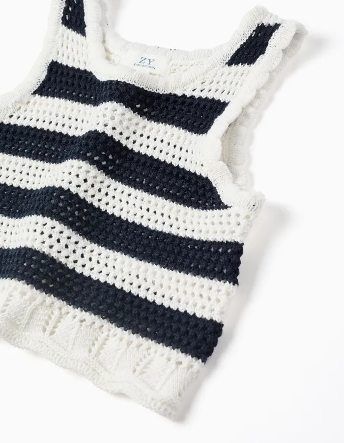 Sleeveless cotton knitted top with stripes for girls, white/dark blue