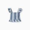 Sleeveless cotton top with stripes and ruffles for girls, blue