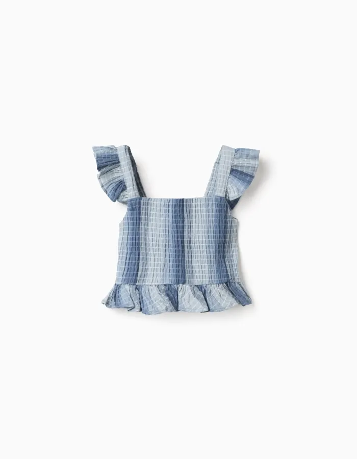 Sleeveless cotton top with stripes and ruffles for girls, blue