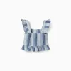 Sleeveless cotton top with stripes and ruffles for girls, blue