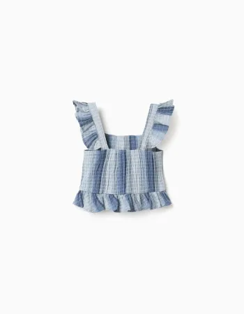 Sleeveless cotton top with stripes and ruffles for girls, blue