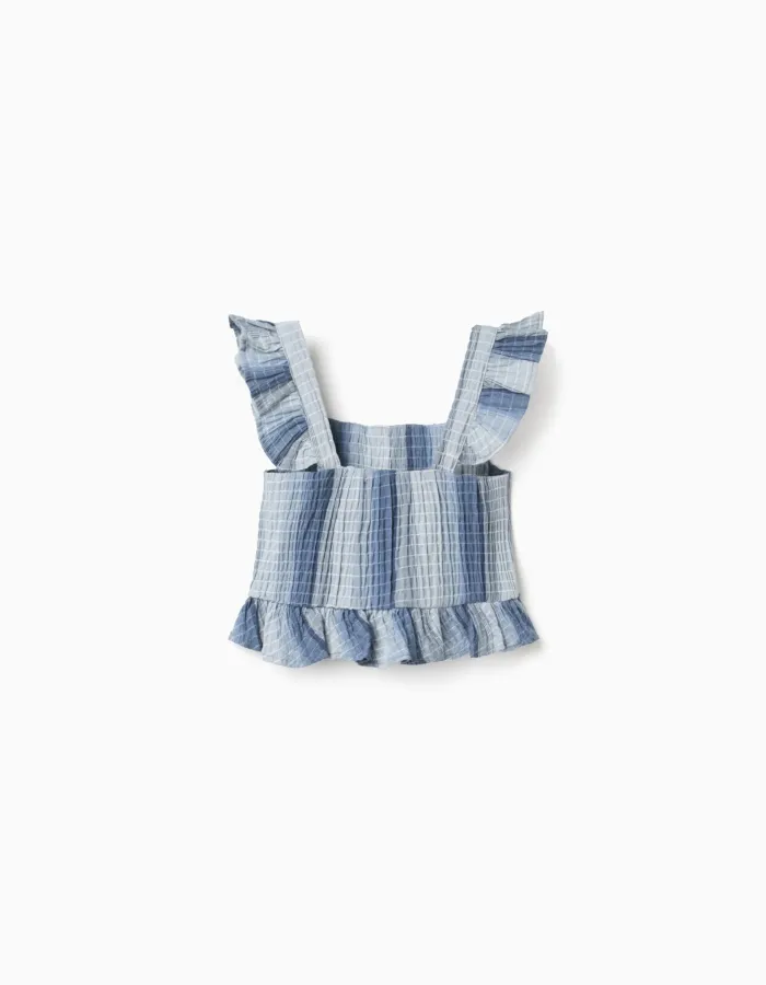 Sleeveless cotton top with stripes and ruffles for girls, blue
