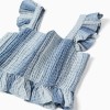 Sleeveless cotton top with stripes and ruffles for girls, blue