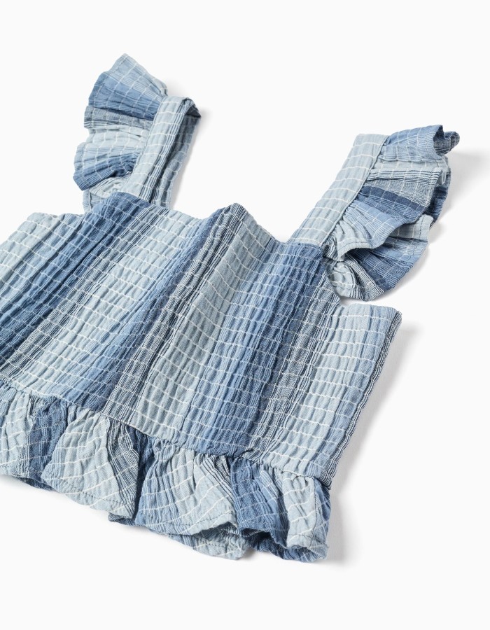 Sleeveless cotton top with stripes and ruffles for girls, blue