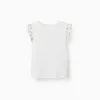 Ribbed cotton T-shirt with ruffled sleeves for girls, light beige