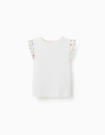 Ribbed cotton T-shirt with ruffled sleeves for girls, light beige