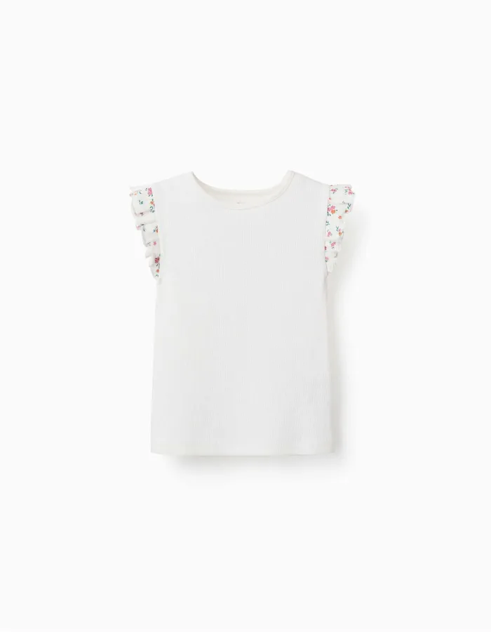 Ribbed cotton T-shirt with ruffled sleeves for girls, light beige
