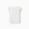 Ribbed cotton T-shirt with ruffled sleeves for girls, light beige
