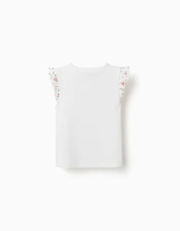 Ribbed cotton T-shirt with ruffled sleeves for girls, light beige