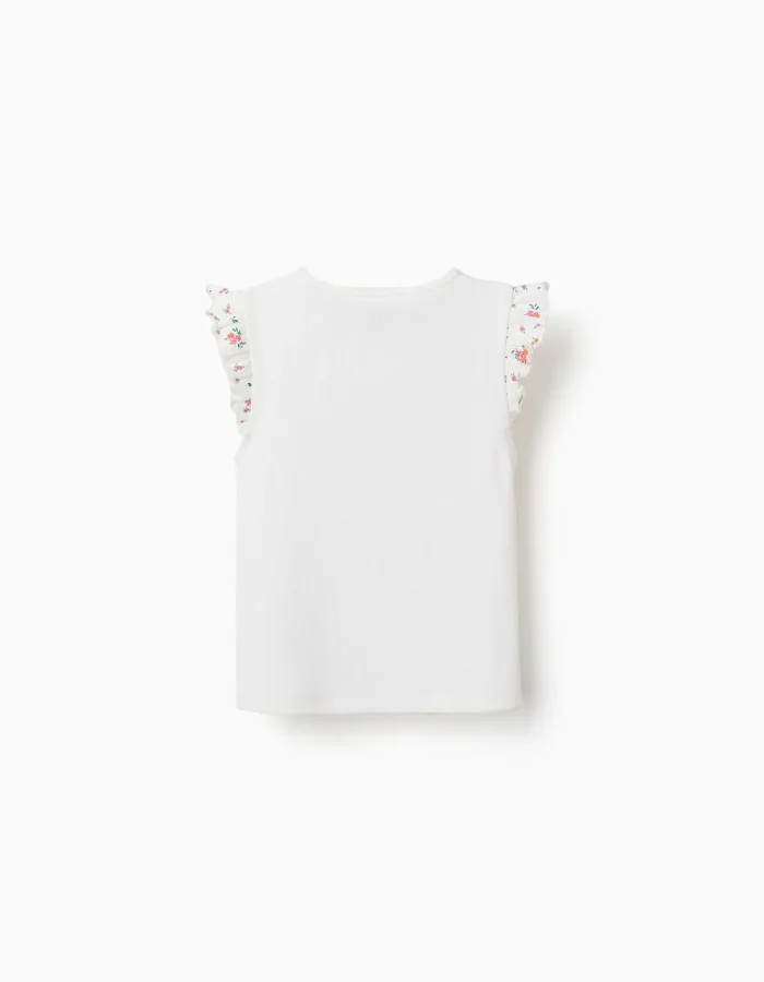 Ribbed cotton T-shirt with ruffled sleeves for girls, light beige
