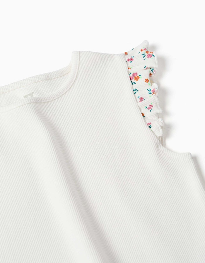 Ribbed cotton T-shirt with ruffled sleeves for girls, light beige