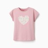 Cotton T-shirt with floral heart print for girls, pink