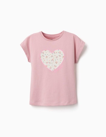Cotton T-shirt with floral heart print for girls, pink