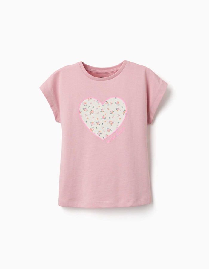 Cotton T-shirt with floral heart print for girls, pink