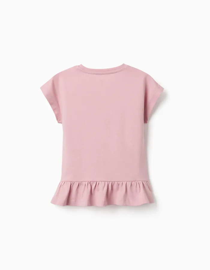 Cotton T-shirt with floral heart print for girls, pink