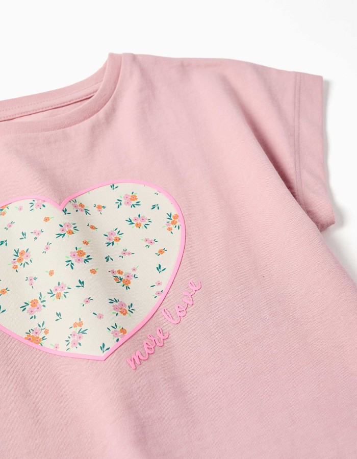 Cotton T-shirt with floral heart print for girls, pink