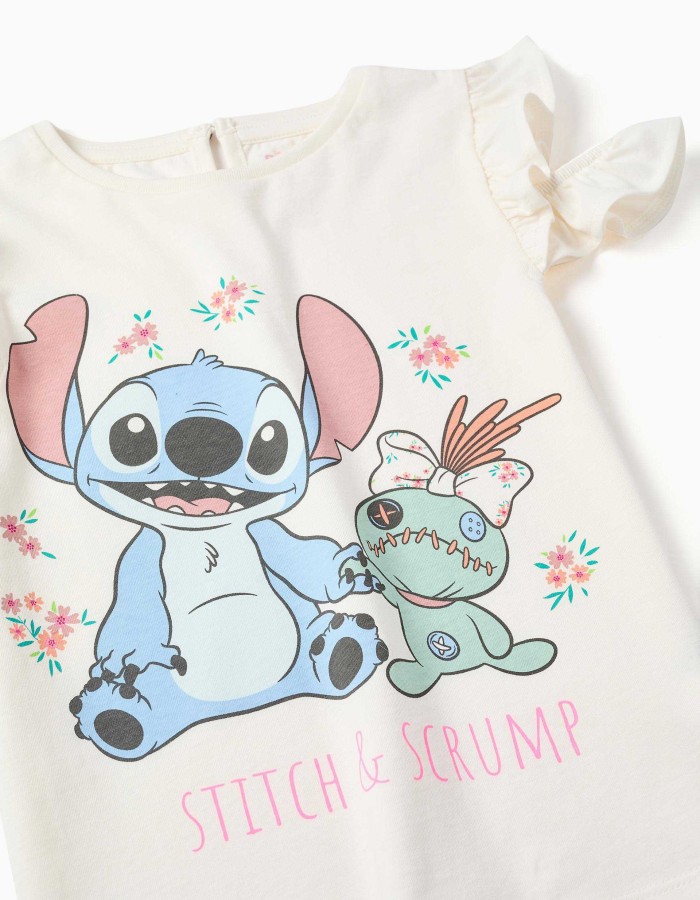 Cotton T-shirt with Stitch & Scrump print for girls, light beige