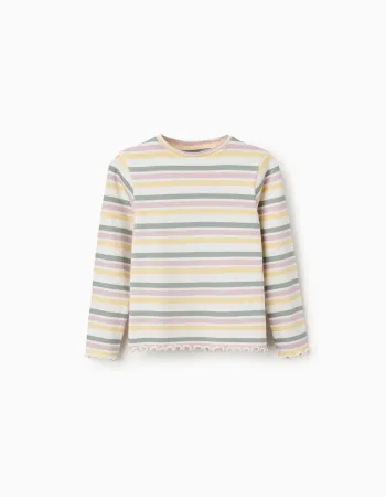 Long sleeve ribbed T-shirt with stripes for girls, multicolour