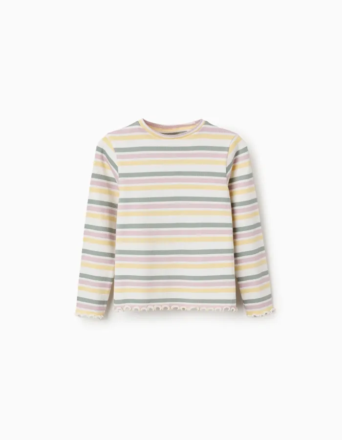 Long sleeve ribbed T-shirt with stripes for girls, multicolour