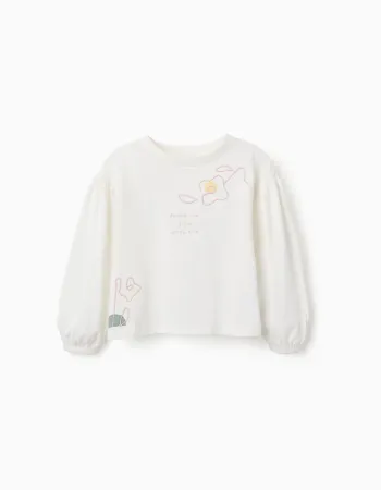 Long sleeve T-shirt with balloon sleeves and print for girls, white
